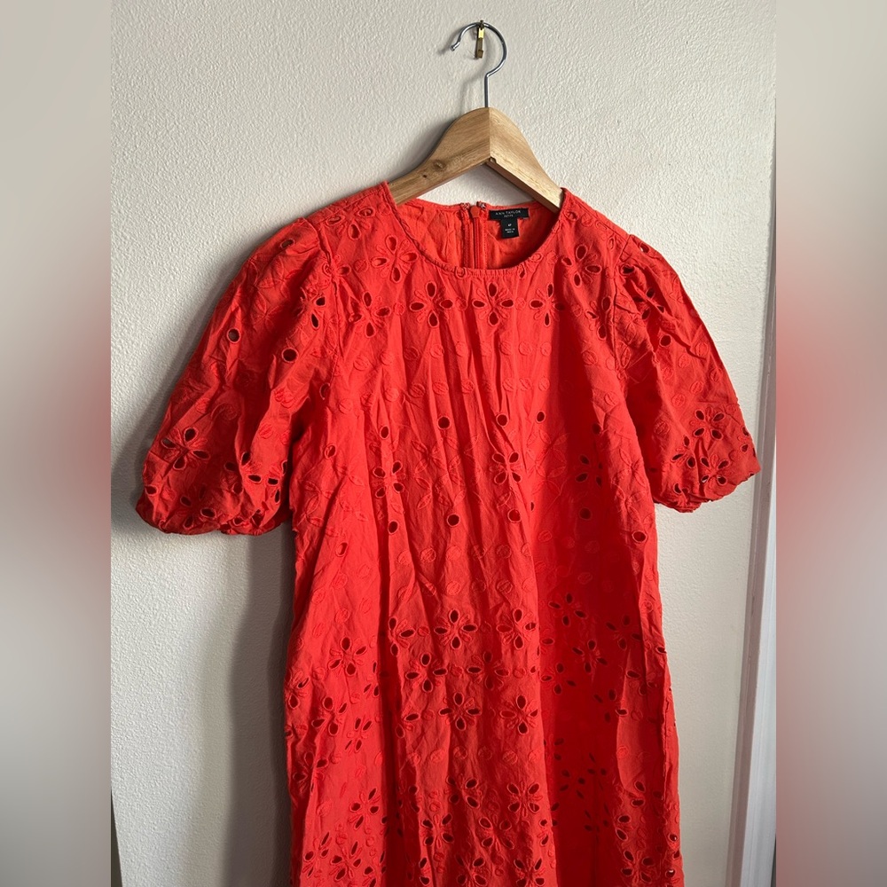 ANN TAYLOR $189 Eyelet Midi Flare Dress In Red Ripe Persimmon Size 4P - Picture 3 of 8